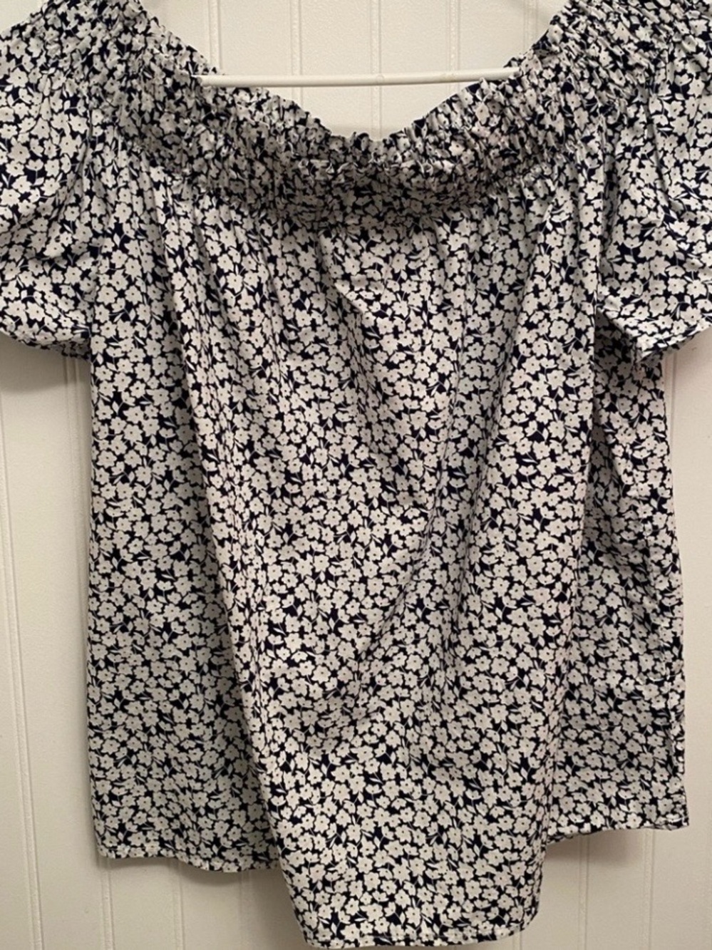 Off-Shoulder Floral Peasant Top - White and Navy